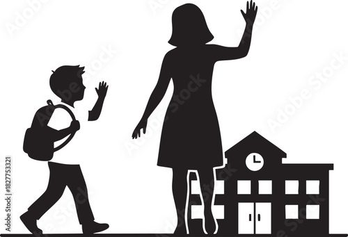 Silhouette of Mother Waving Goodbye to School Boy Heading to School Building