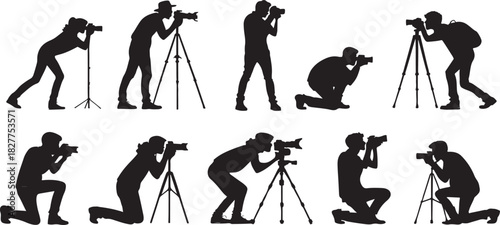 Silhouette of photographers in various poses with cameras and tripods