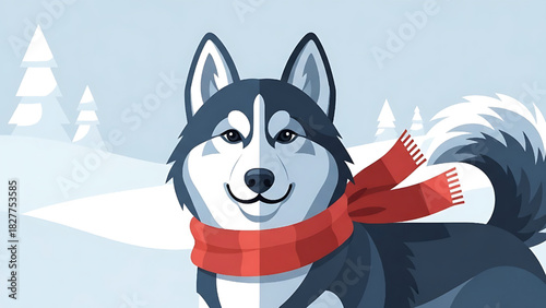 Cute Husky Dog Winter Illustration with Scarf in Snowy Landscape