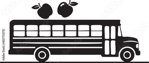 School bus with apples – black and white vector illustration