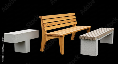 Three benches of different styles and materials stand side by side on a black background