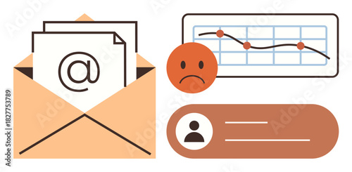 Open envelope with email sign, red downward graph, sad face emotion, user profile icon. Ideal for business performance, email marketing, communication, analytics, customer feedback loss simple flat