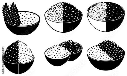 Artistic rice bowl collection for healthy food concepts, culinary design, and nutrition themed projects, originally a scalable vector graphic