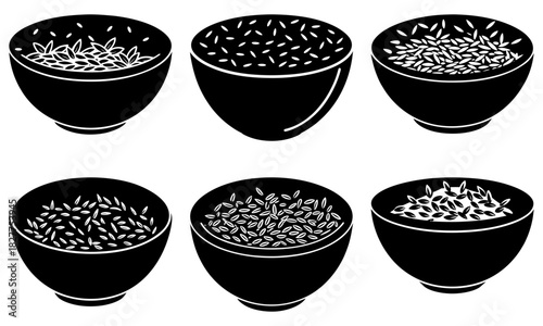 Variety of rice bowls illustration, representing healthy eating habits, Asian cuisine, and food staples in a simple, clean design originally vector graphics