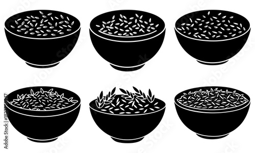 Delicious grains in bowls, black and white minimalist styling evokes fresh harvest bounty, perfect for food blogs or healthy eating promotions with vector appeal