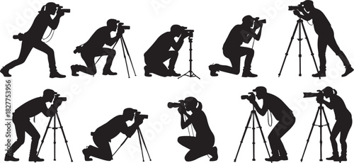 Silhouette of photographers in various poses with cameras and tripods