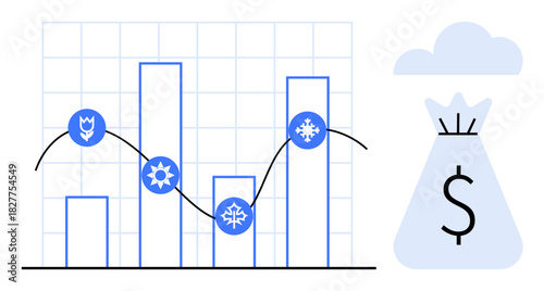Bar chart with seasonal icons representing data trends, growth curve, and financial bag symbol. Ideal for finance, economy, analytics, business, investment, strategy forecasting