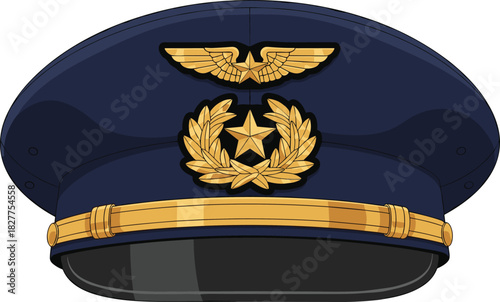  Pilot or military peaked cap illustration with gold emblem, wing insignia, and glossy visor, formal uniform vector design concept.