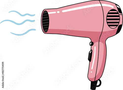 Pink hair dryer illustration with air flow and sleek design, personal grooming appliance vector, beauty and self-care concept