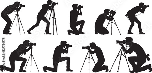 Silhouette of photographers in various poses with cameras and tripods