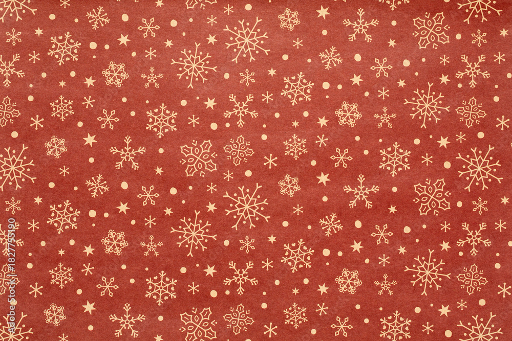 Naklejka premium red christmas background with snowflakes and stars and dots,seamless pattern of snowflakes and stars on red background,Christmas wrapping paper, Xmas pattern with ornaments.