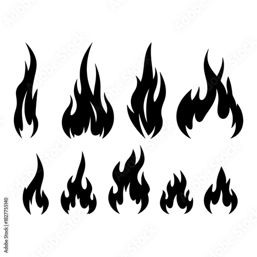 Fire icon collection. Fire flame symbol. Bonfire silhouette logotype.