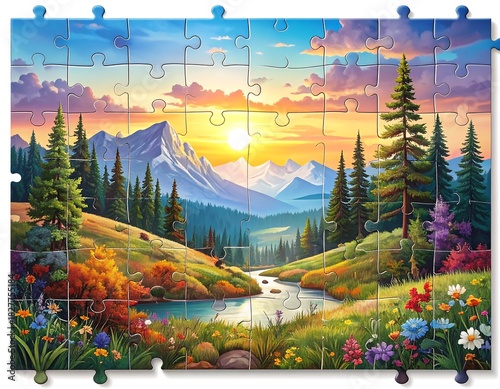 Cartoonish puzzle with a mountain vista at sunset. A stream flows through a field of colorful flowers
