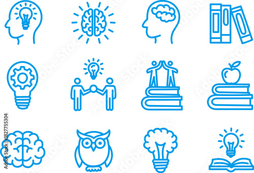 Hand Drawn Education, Knowledge, and Creativity Icons Set in Blue Line Style