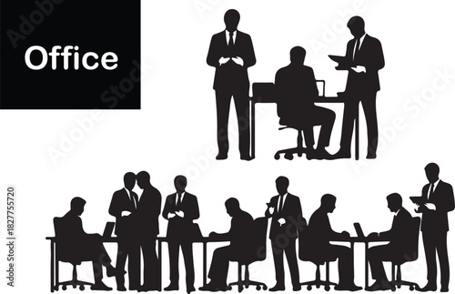 silhouettes of business people in office,
Corporate Silhouettes in Motion, Stylized Office Figures Representing Teamwork and Productivity.