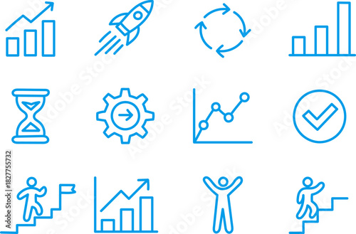 Hand Drawn Business Growth and Success Icons Set in Blue Line Style