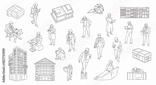 Collection of Isometric Architectural Elements and Diverse Professionals in Various Poses and Activities, Including Buildings, Furniture, and People Working, Construction, and Leisure
