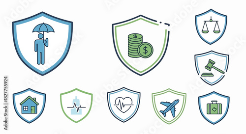 Collection of Insurance and Protection Shield Icons Representing Various Types of Coverage Including Health, Travel, and Financial Security