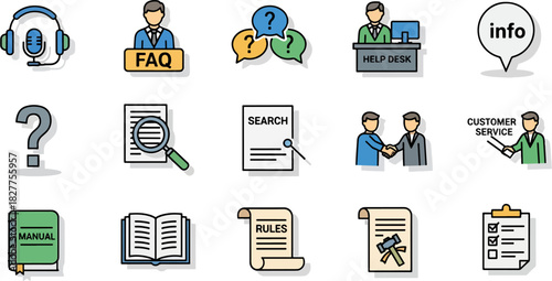 Collection of icons representing customer support services, documentation, and information with flat design style