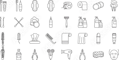 Collection of hygiene and personal care items icons set with toothbrush toothpaste pads razor and hairdryer isolated on white