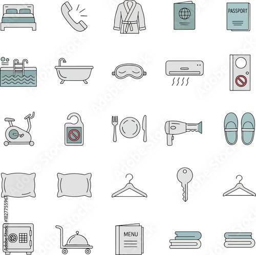 Collection of Hotel Amenities Icons Vector Set Featuring Bed, Bathtub, Passport, Robe, Hair Dryer, and Key
