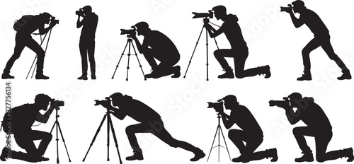 Silhouette of photographers in various poses with cameras and tripods