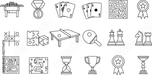 Collection of Game Icons Featuring Foosball Table, Medal, Playing Cards, Maze, Tic Tac Toe, Dice, Ping Pong, Chess, Hourglass, Trophy, and More Vector Graphics