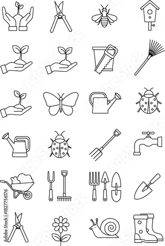 Collection of Garden Icons Featuring Plants, Tools, Insects, and Animals for a Vibrant Outdoor Theme