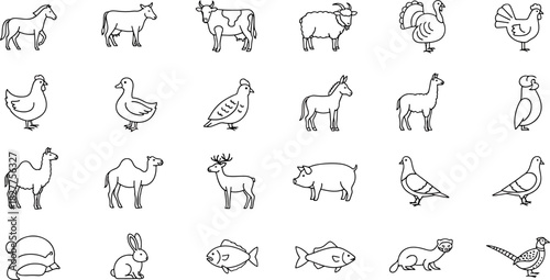 Collection of Farm Animals and Birds Line Art Icons Set Vector Illustration Domestic Animals and Wild Birds Collection