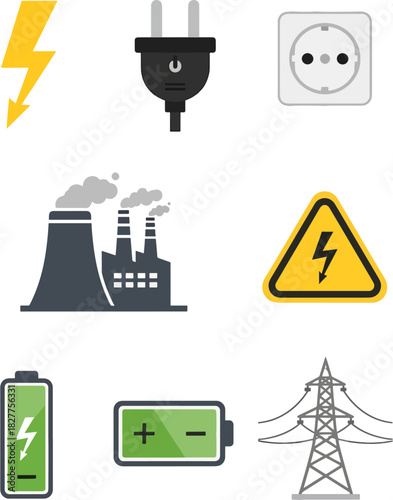 Collection of Electrical Icons and Symbols Featuring Power Plant, Plug, Outlet, Battery, and Lightning Bolt