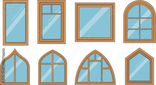 Collection of eight diverse window designs with wooden frames and blue glass, set against a white background.