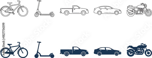 Collection of diverse transport vehicles outline and silhouette styles bicycle scooter pickup car motorcycle set