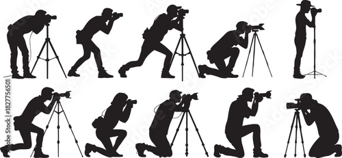 Silhouette of photographers in various poses with cameras and tripods