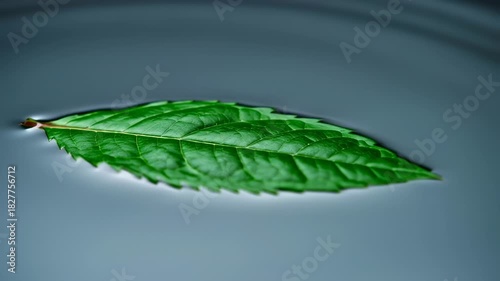 Close-up of a vibrant green leaf floating on rippling water surface.