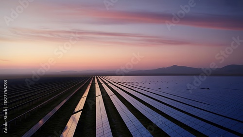 Solar panel farm landscape at sunrise with reflective rows
