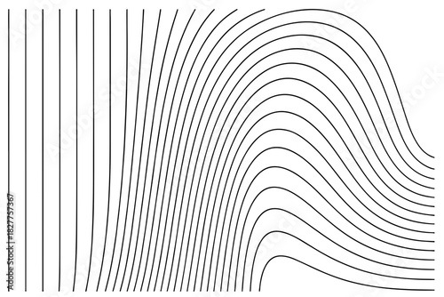  A minimalist black and white composition featuring vertical lines transitioning into flowing curved contours. This abstract design evokes movement, modernity, and visual rhythm