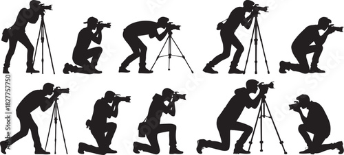Silhouette of photographers in various poses with cameras and tripods