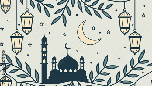 Illustration of a mosque with lanterns and moon