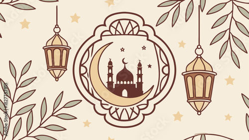 Illustration of ramadan with mosque and lanterns