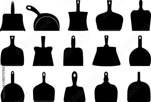 Group of different dustpans isolated on white background