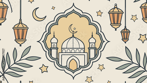 Illustration of a mosque with lanterns and stars