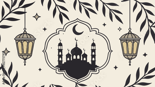 Illustration of mosque with lanterns and foliage