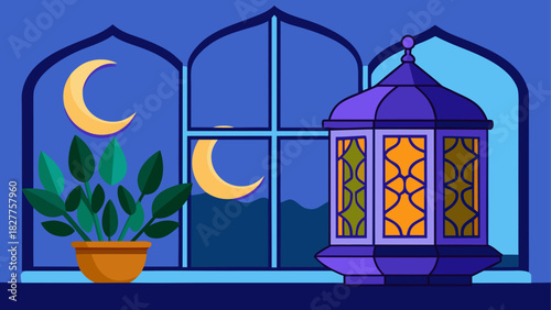 Illustration of a window with plant and lantern