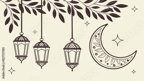 Lanterns and moon with leaves and stars drawing