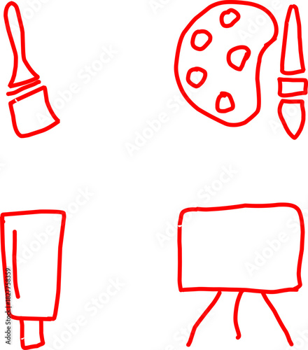 Four red icons: wide brush, thin brush, paint bucket, and paint splash. Focus on painting and color application tools.