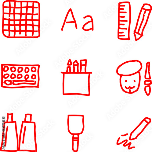 Nine red icons: grid, alphabet, ruler, pencil, palette, pencils, artist figure, paint tubes, and spatula. Drawing and design tools.