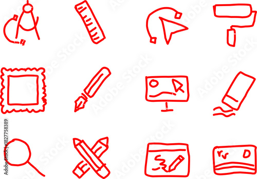 Twelve red icons: compass, ruler, pen, monitor, eraser, magnifying glass, pencil, and notepad. Focus on digital and traditional design