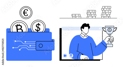 Digital wallet holding cryptocurrency and fiat coins next to a video call participant holding a trophy. Ideal for finance, cryptocurrency, virtual awards, fintech, remote success, online events