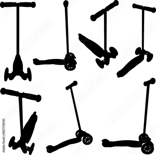 Collection of scooters for kids in different positions isolated on white background