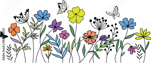 Colorful Spring Flowers and Butterflies Border